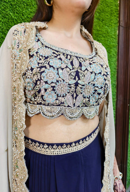 3 piece Indo Western Georgette Dress With Separate Cape Shug In Contrast with Tulip Skirt in Purple