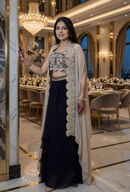 3 piece Indo Western Georgette Dress With Separate Cape Shug In Contrast with Tulip Skirt in Purple