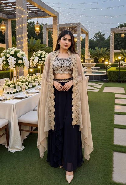 3 piece Indo Western Georgette Dress With Separate Cape Shug In Contrast with Tulip Skirt in Purple