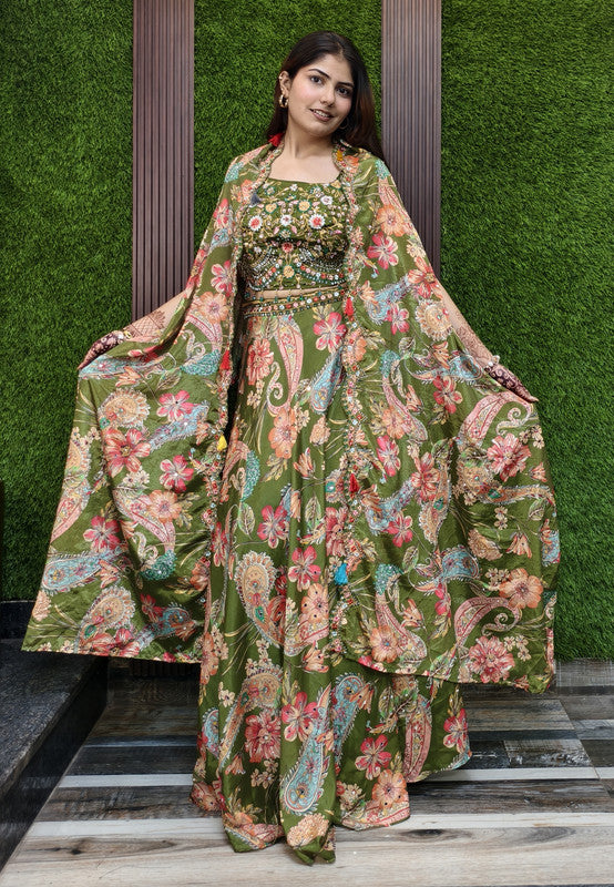 3 Piece Indo Western Printed Chinnon Silk Dress with Separate Cape Shrug for Mehendi