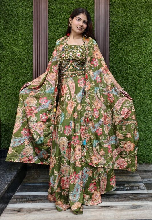 3 Piece Indo Western Printed Chinnon Silk Dress with Separate Cape Shrug for Mehendi