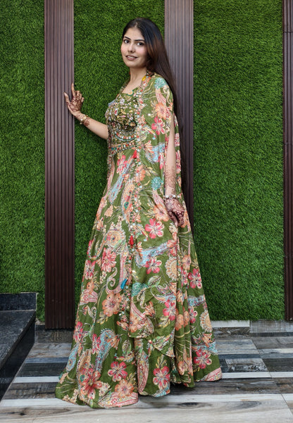 3 Piece Indo Western Printed Chinnon Silk Dress with Separate Cape Shrug for Mehendi