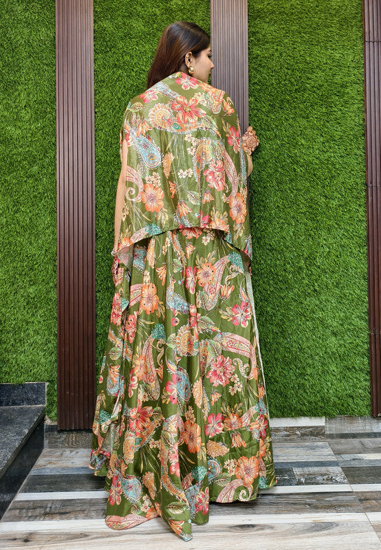 3 Piece Indo Western Printed Chinnon Silk Dress with Separate Cape Shrug for Mehendi
