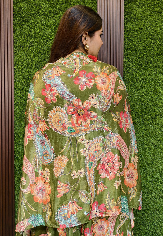 3 Piece Indo Western Printed Chinnon Silk Dress with Separate Cape Shrug for Mehendi