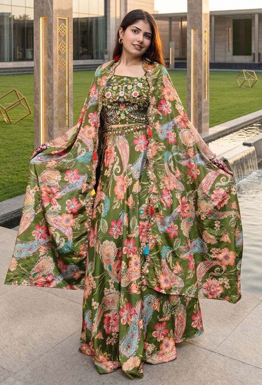 3 Piece Indo Western Printed Chinnon Silk Dress with Separate Cape Shrug for Mehendi