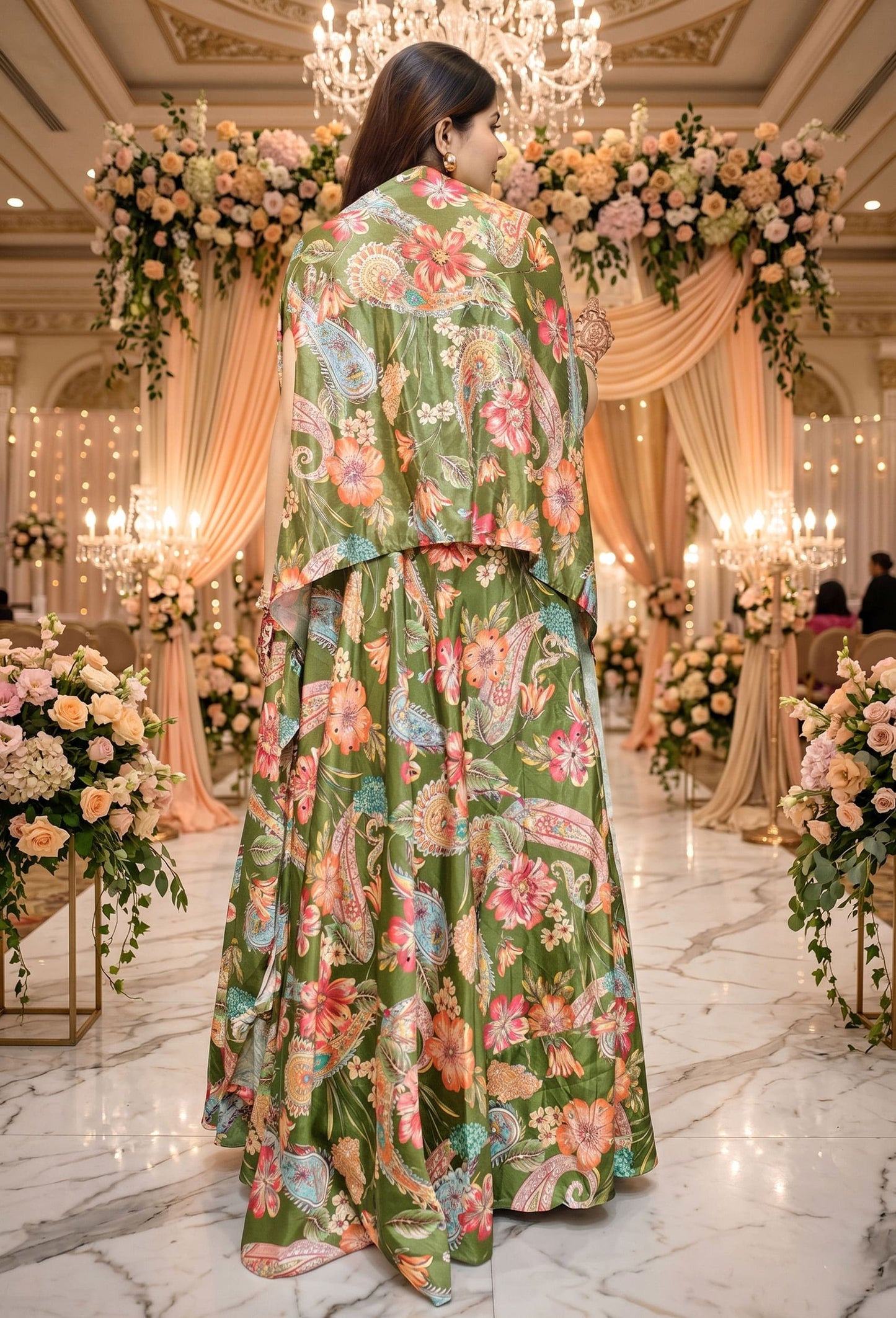 3 Piece Indo Western Printed Chinnon Silk Dress with Separate Cape Shrug for Mehendi