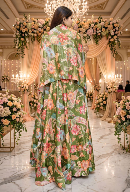 3 Piece Indo Western Printed Chinnon Silk Dress with Separate Cape Shrug for Mehendi