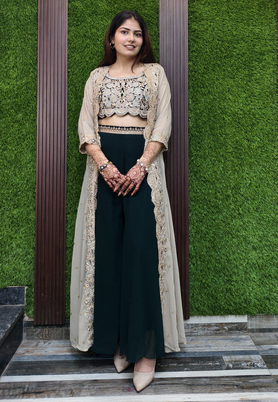 3 Piece Indo Western Contrast Separate Cape Shrug Dress in Georgette with Palazzo Bottom