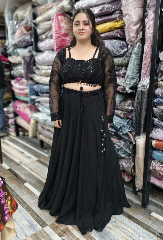 Designer Black Crop Top & Skirt Set with Short Embroidered Jacket - Cocktail Party Wear