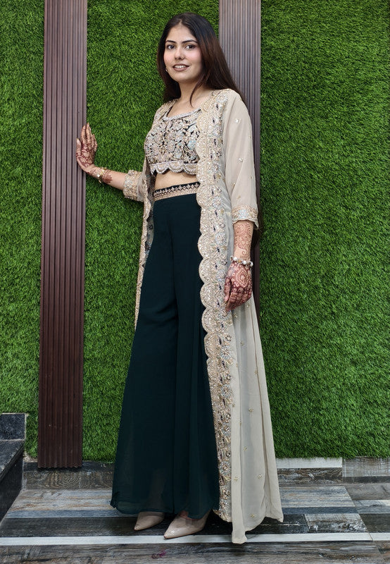 3 Piece Indo Western Contrast Separate Cape Shrug Dress in Georgette with Palazzo Bottom