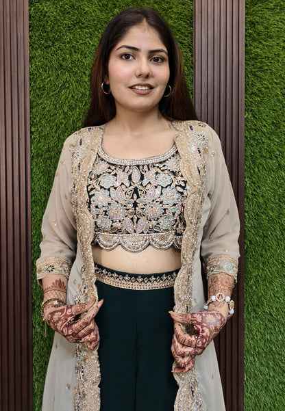 3 Piece Indo Western Contrast Separate Cape Shrug Dress in Georgette with Palazzo Bottom