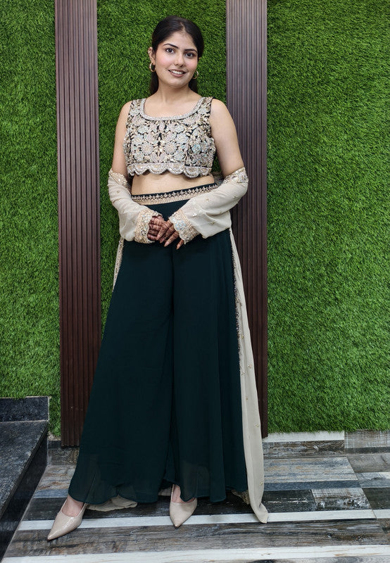 3 Piece Indo Western Contrast Separate Cape Shrug Dress in Georgette with Palazzo Bottom