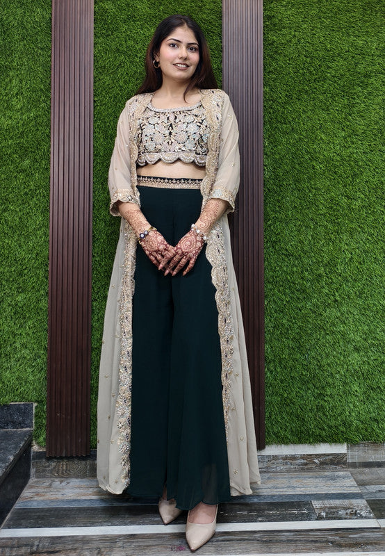 3 Piece Indo Western Contrast Separate Cape Shrug Dress in Georgette with Palazzo Bottom