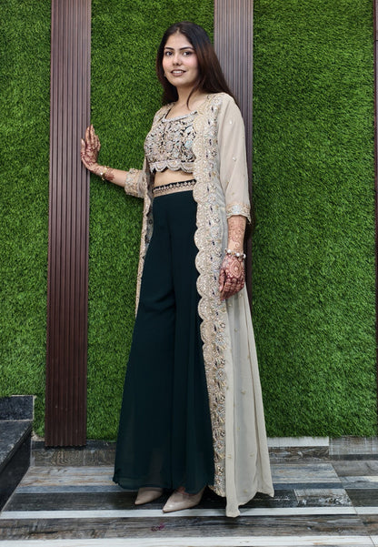 3 Piece Indo Western Contrast Separate Cape Shrug Dress in Georgette with Palazzo Bottom