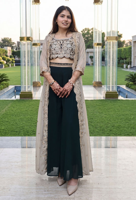 3 Piece Indo Western Contrast Separate Cape Shrug Dress in Georgette with Palazzo Bottom