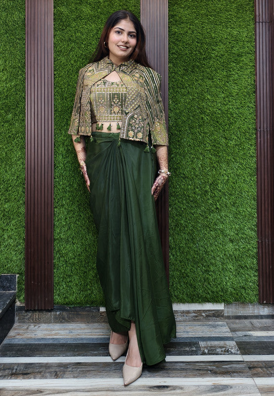 3 Piece Indo Western Armani Satin Dress with Short Embroidered Cape, Crop Top and Tulip Skirt