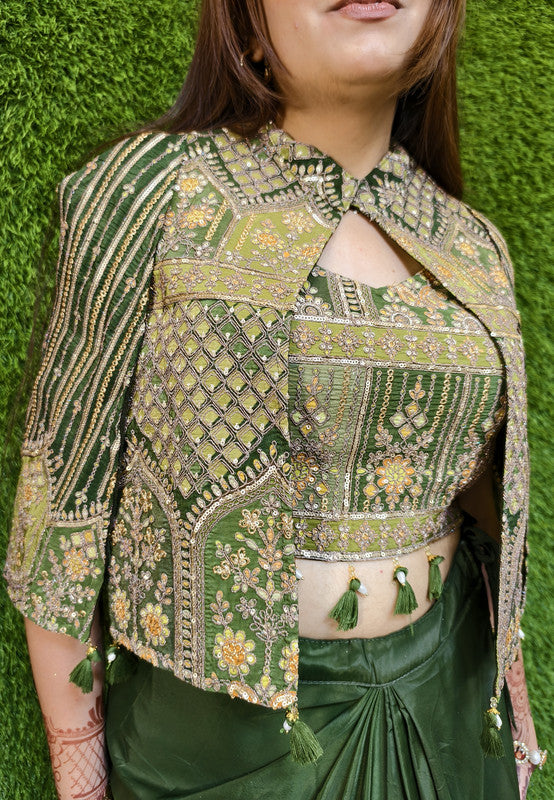 3 Piece Indo Western Armani Satin Dress with Short Embroidered Cape, Crop Top and Tulip Skirt