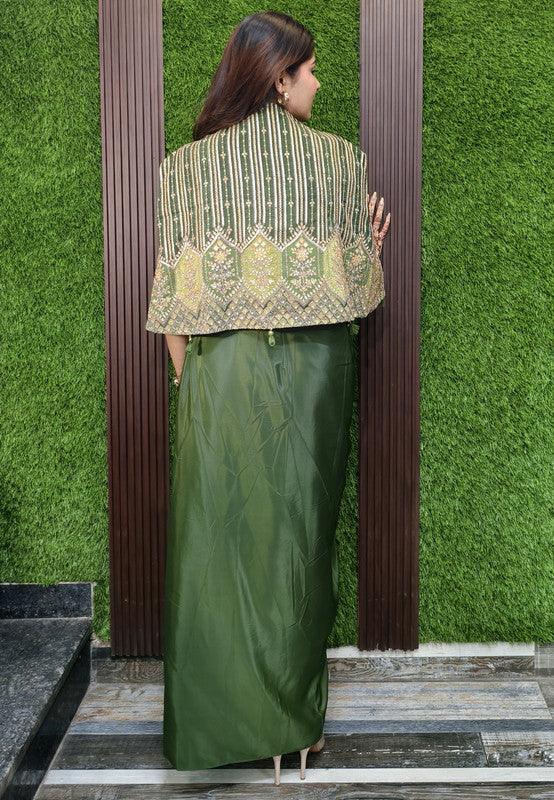 3 Piece Indo Western Armani Satin Dress with Short Embroidered Cape, Crop Top and Tulip Skirt