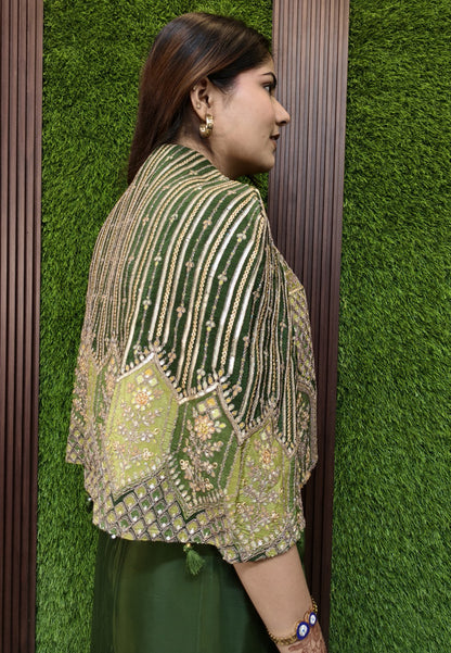 3 Piece Indo Western Armani Satin Dress with Short Embroidered Cape, Crop Top and Tulip Skirt