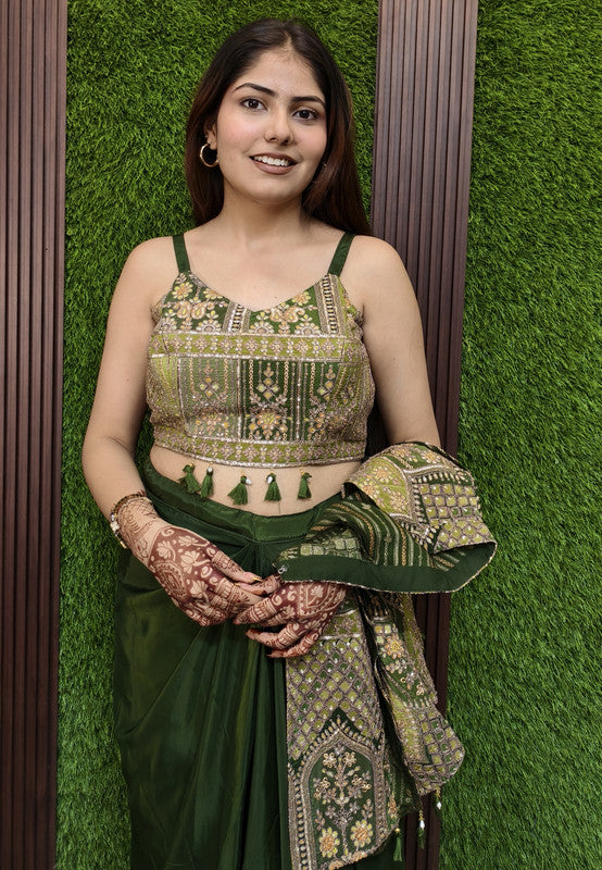 3 Piece Indo Western Armani Satin Dress with Short Embroidered Cape, Crop Top and Tulip Skirt