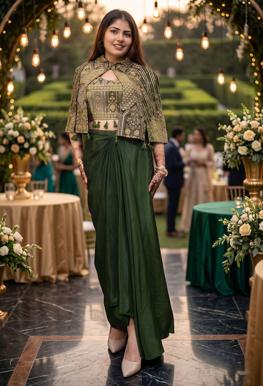 3 Piece Indo Western Armani Satin Dress with Short Embroidered Cape, Crop Top and Tulip Skirt