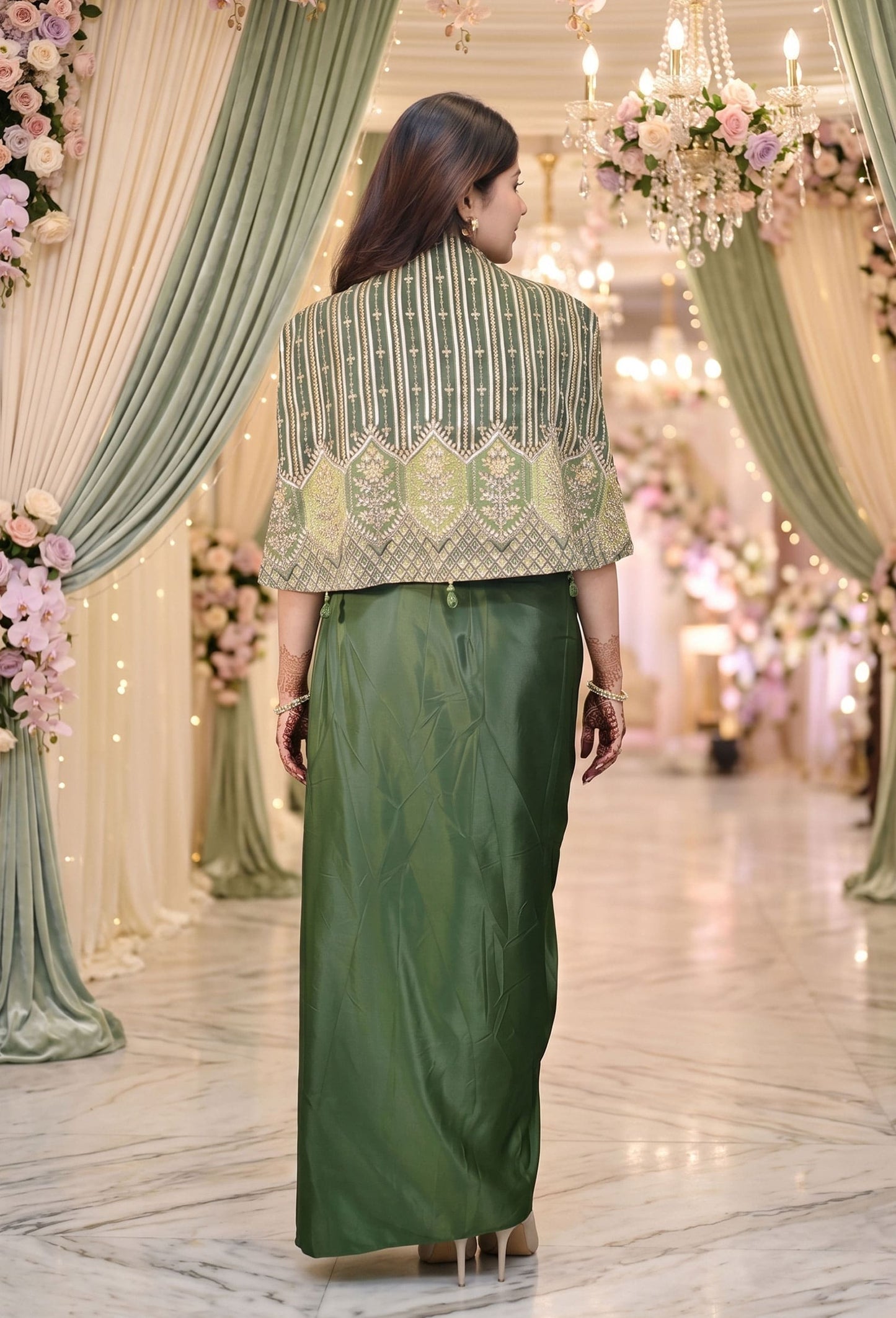 3 Piece Indo Western Armani Satin Dress with Short Embroidered Cape, Crop Top and Tulip Skirt