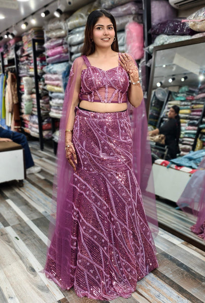 Designer Hand Embellished Corset Style Fish Cut Lehenga Choli with Full Falling Sleeves