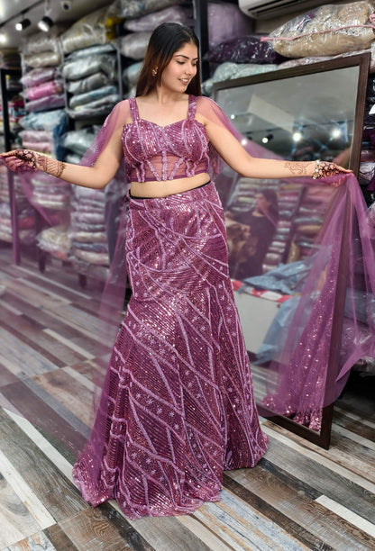 Designer Hand Embellished Corset Style Fish Cut Lehenga Choli with Full Falling Sleeves