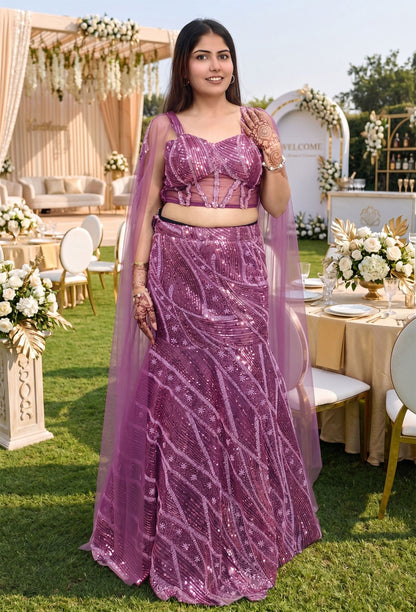 Designer Hand Embellished Corset Style Fish Cut Lehenga Choli with Full Falling Sleeves