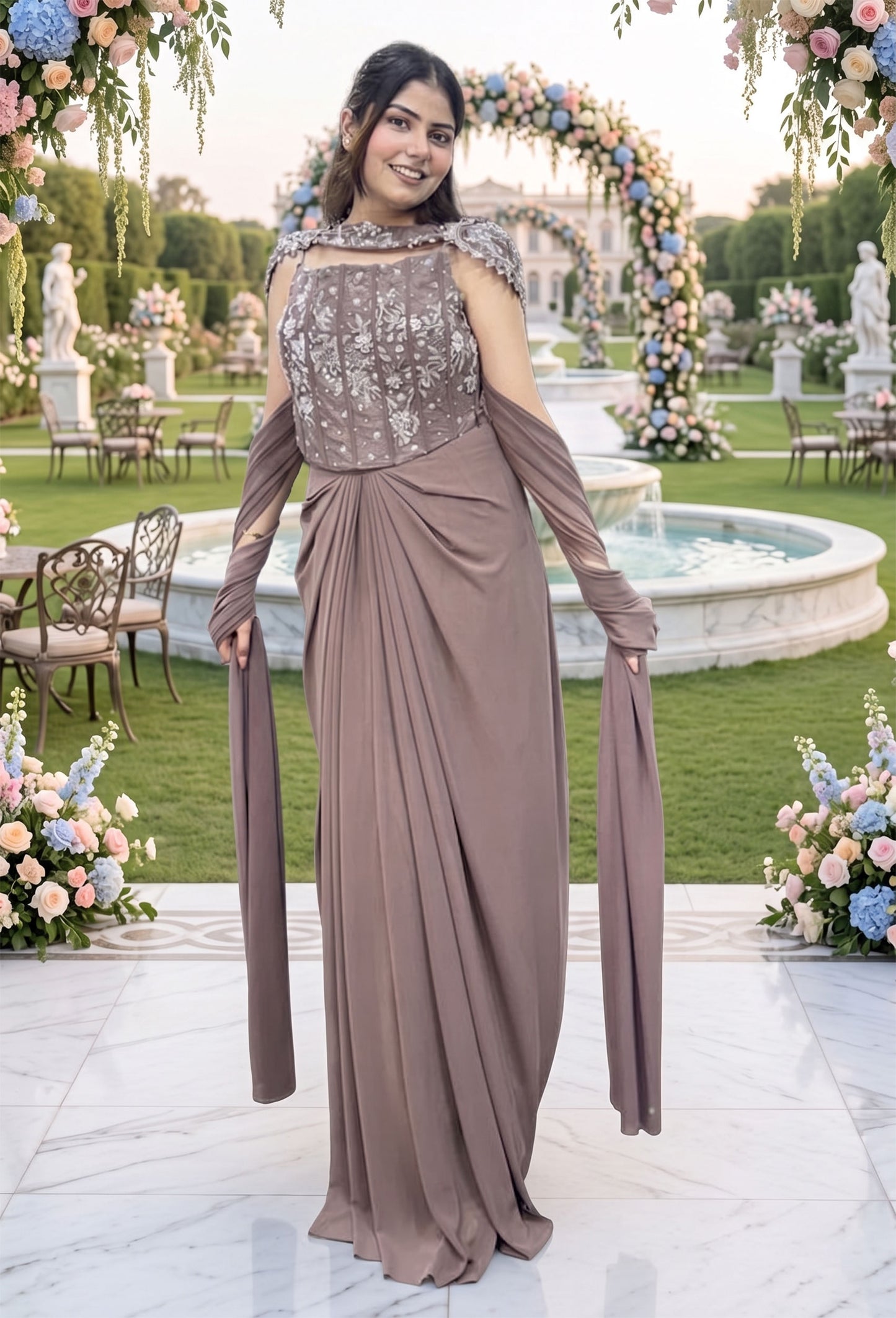 Corset Style Indo-Western Dress with Tulip Skirt & Elegant Cape