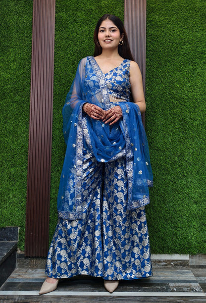 Pure Banarasi 3 Piece Crop Top Sharara Set with Full Size Bordered Dupatta