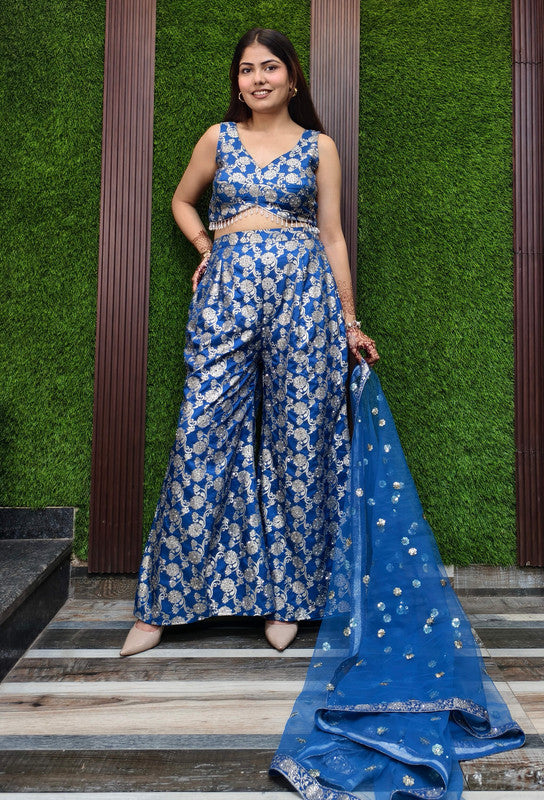 Pure Banarasi 3 Piece Crop Top Sharara Set with Full Size Bordered Dupatta