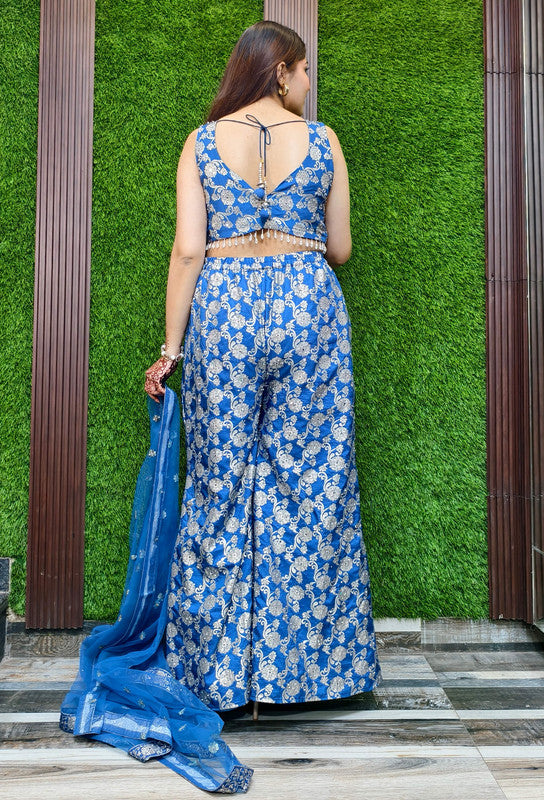 Pure Banarasi 3 Piece Crop Top Sharara Set with Full Size Bordered Dupatta