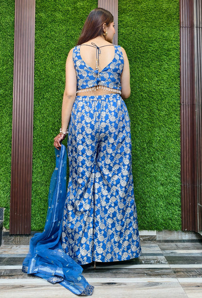 Pure Banarasi 3 Piece Crop Top Sharara Set with Full Size Bordered Dupatta