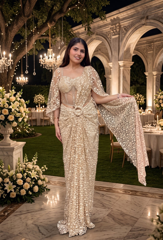 Corset Style Fully Hand Embellished Golden Ready-To-Wear Drape Saree