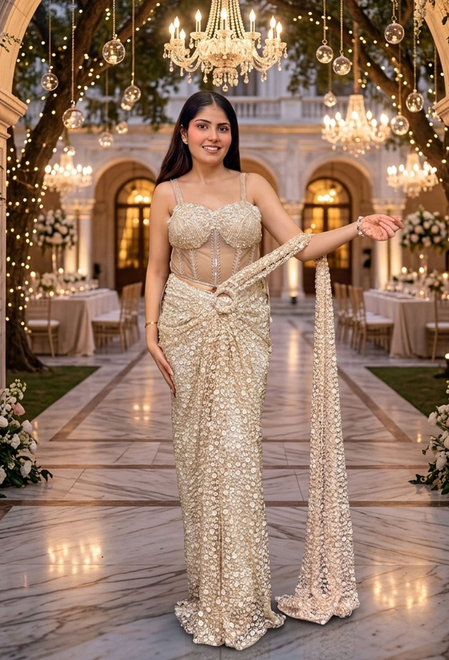 Corset Style Fully Hand Embellished Golden Ready-To-Wear Drape Saree
