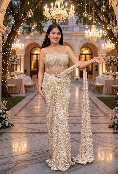 Corset Style Fully Hand Embellished Golden Ready-To-Wear Drape Saree