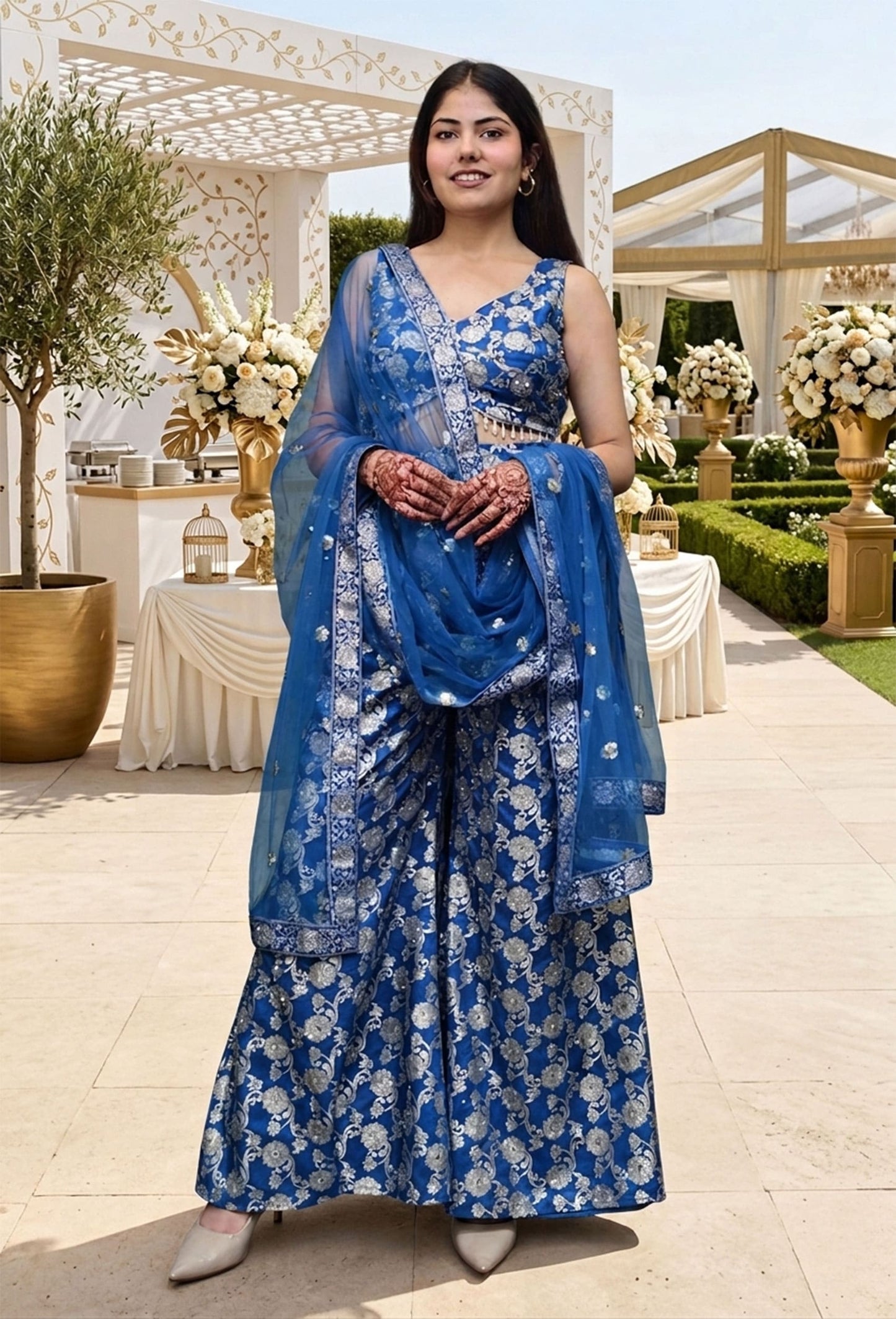 Pure Banarasi 3 Piece Crop Top Sharara Set with Full Size Bordered Dupatta