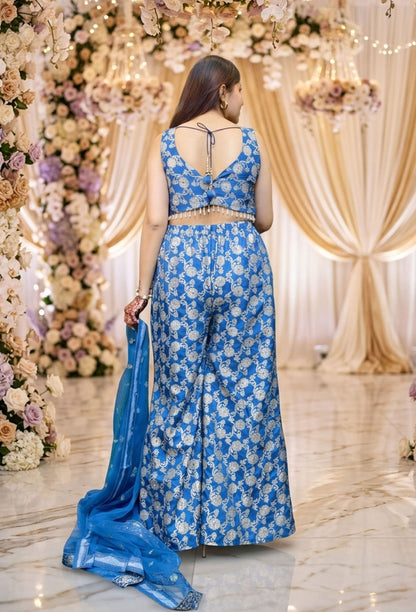 Pure Banarasi 3 Piece Crop Top Sharara Set with Full Size Bordered Dupatta