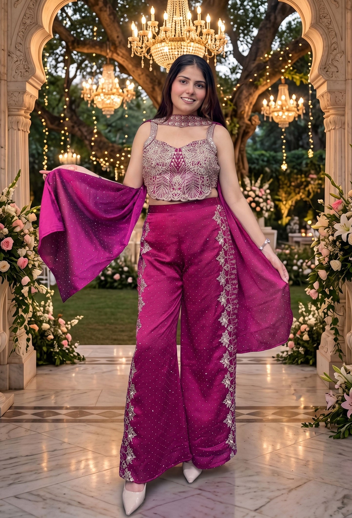 Spaghetti Style Partywear Crop Top Sharara Set In Chinnon Silk with Choker Dupatta