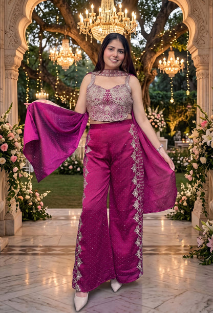 Spaghetti Style Partywear Crop Top Sharara Set In Chinnon Silk with Choker Dupatta