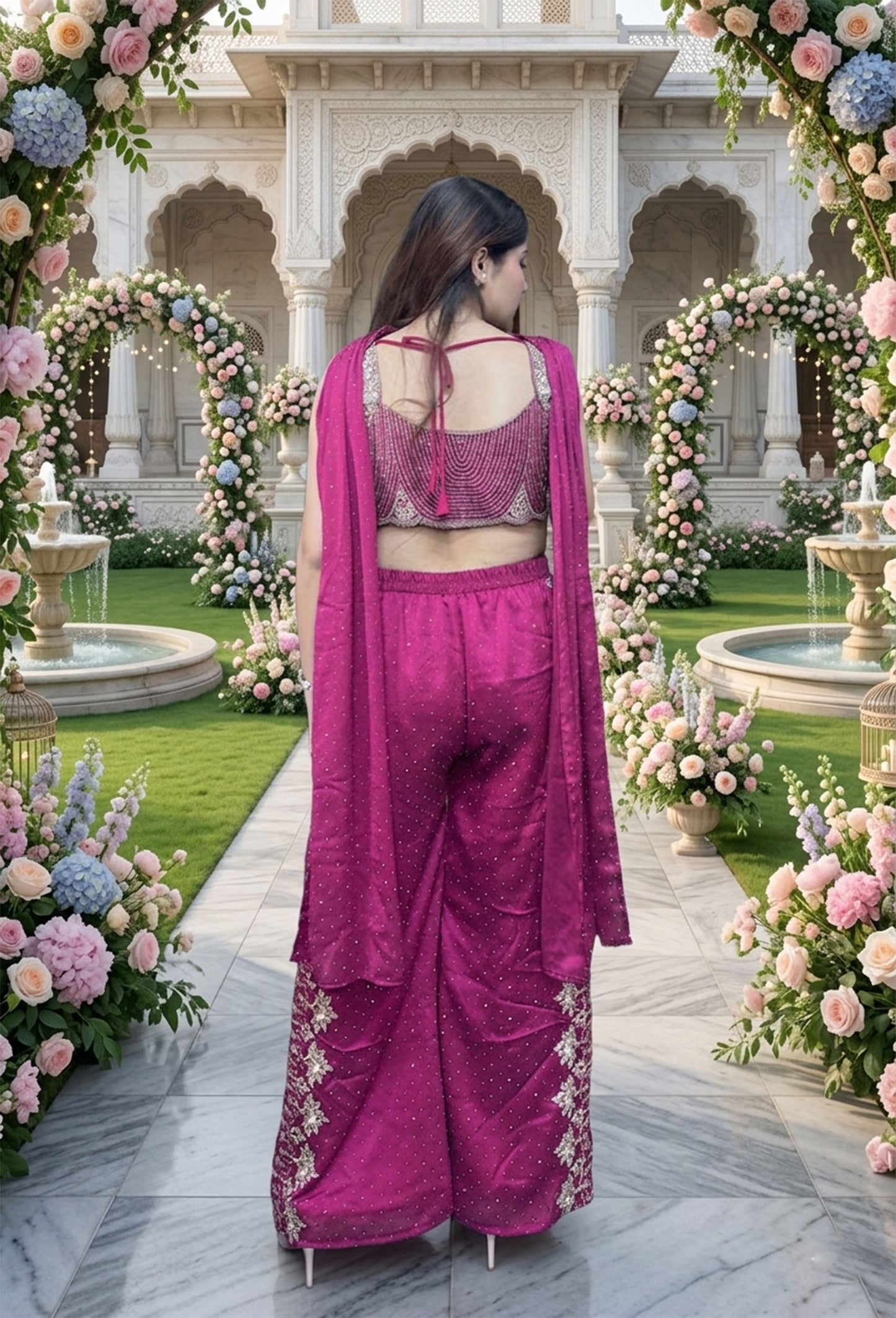Spaghetti Style Partywear Crop Top Sharara Set In Chinnon Silk with Choker Dupatta