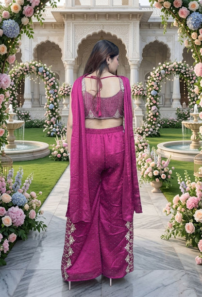 Spaghetti Style Partywear Crop Top Sharara Set In Chinnon Silk with Choker Dupatta