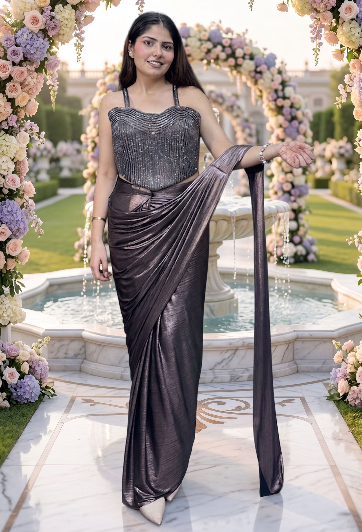 Spaghetti Style Embellished Corset Readymade Drape Saree with Belt