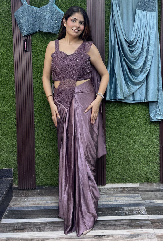 Spaghetti Style Pearl Beaded Blouse with Embroidered Drape Saree