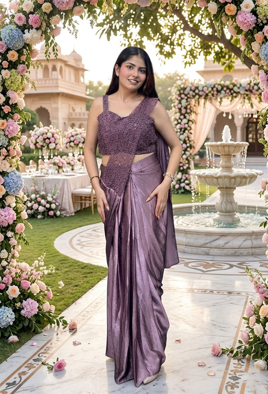 Spaghetti Style Pearl Beaded Blouse with Embroidered Drape Saree