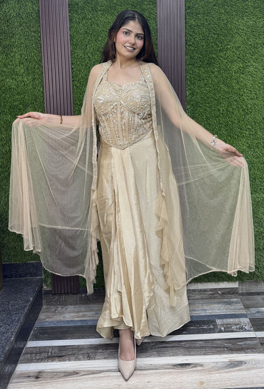 Corset Style Handwork Indo-Western Dress with Tulip Skirt & Net Over Shrug