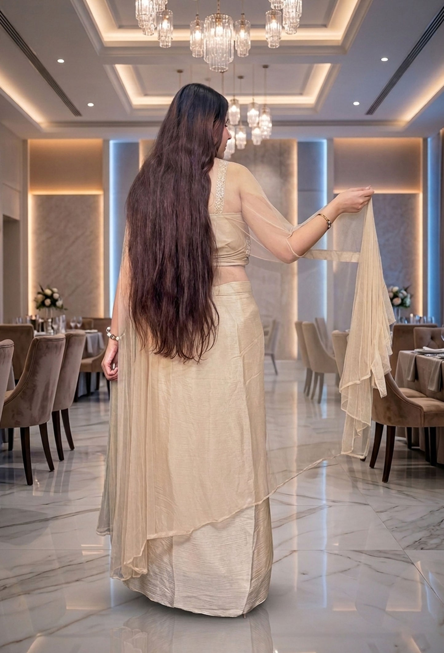 Corset Style Handwork Indo-Western Dress with Tulip Skirt & Net Over Shrug