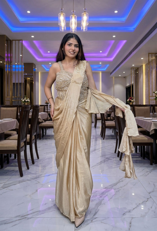 Corset Style Handwork Blouse with Chinnon Silk Drape Saree & Bell Style Pallu