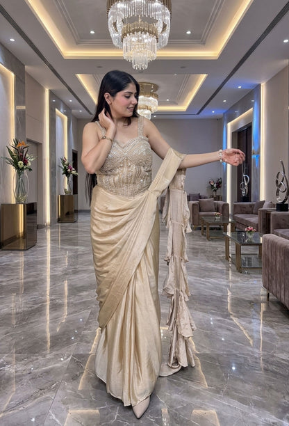 Corset Style Handwork Blouse with Chinnon Silk Drape Saree & Bell Style Pallu